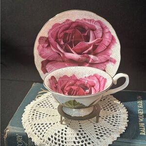 Stechcol Gracie Bone China Teacup & Saucer Pink Rose Gold Trim Floral